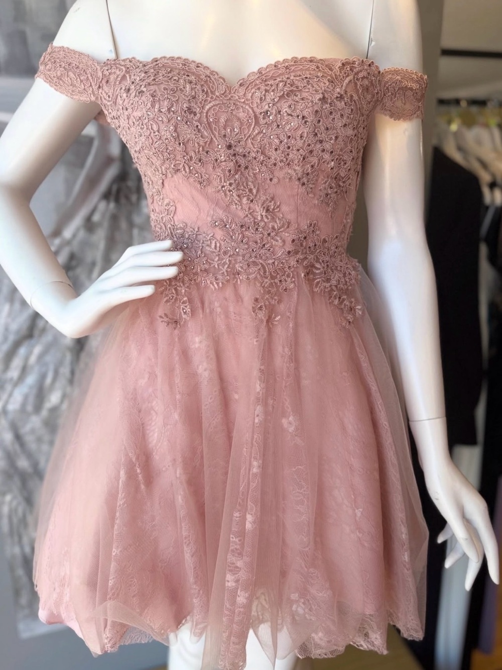 Off-Shoulder Blush Pink Lace Mini Dress
